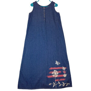 Koret City Blues Maxi Jumper Dress Blue‎ Denim Sz Small Embellished Slit Buttons